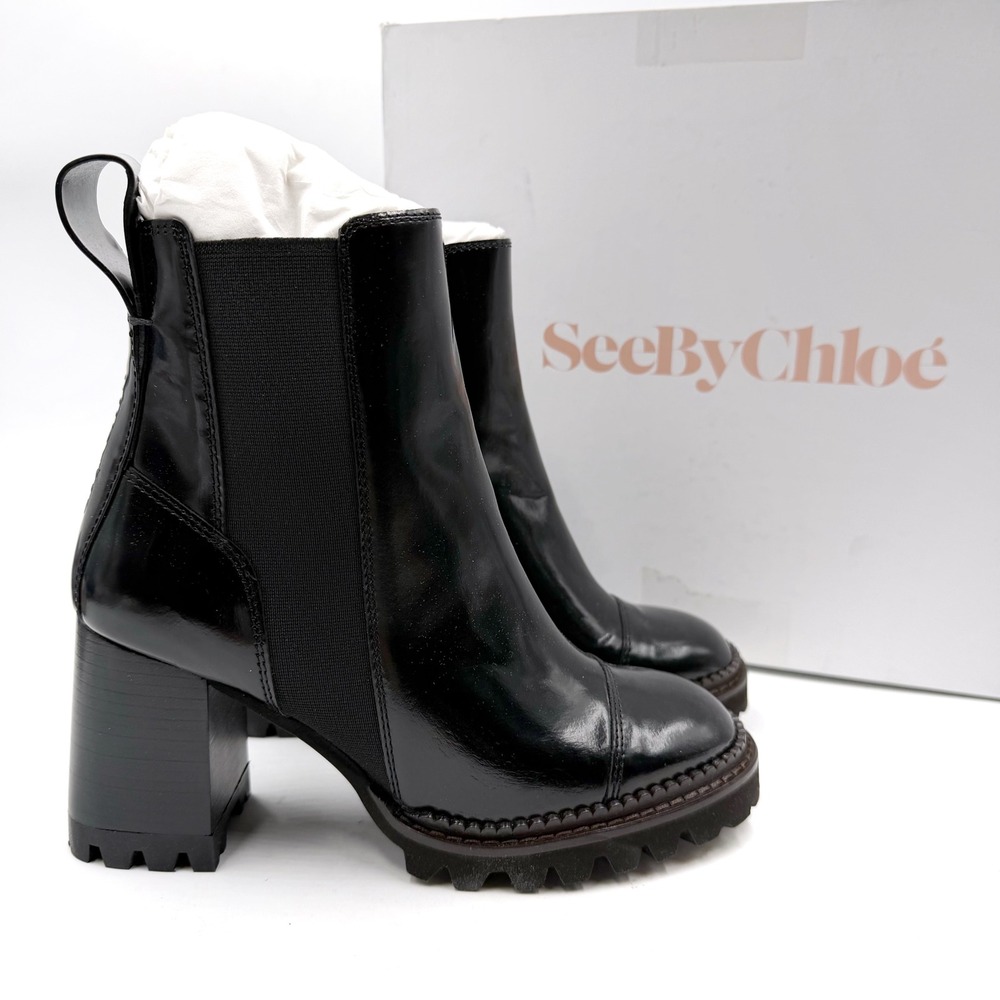 See By Chloe Mallory Chelsea Boots Black Patent Leather Lug Heel Sz 36.5 /‎ 6.5